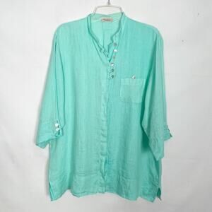 Mariluna Womens Linen Shirt 1X Quiet Luxury Lagenlook Coastal Nautical Beachy